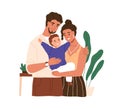 Foster family portrait. Happy mother, father and adopted kid. Smiling parents and adoptive child. Mom, dad and son