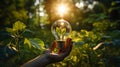 Fostering Environmental Harmony. Hand Gently Cradling Glowing Light Bulb Amidst Lush Green Leaves.