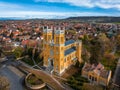 Fot, Hungary - Aerial view of the Roman Catholic Church of the Immaculate Conception in the town of Fot on a sunny spring day