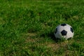 Fotball or soccer black and white ball on green grass background