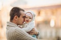 Father and daughter walking in the park in autumn, portrait. Dad and daughter, family concept. A little girl in Royalty Free Stock Photo