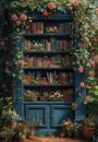 Fotografia Obraz Magic old blue wooden bookcase and door in the garden with roses Royalty Free Stock Photo