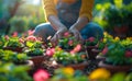 Fotografia Woman planting flowers in pots on sunny day