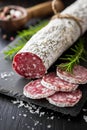 Fouette sausage on a board. Selective focus. Royalty Free Stock Photo