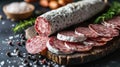 Fouette sausage on a board. Selective focus. Royalty Free Stock Photo