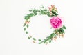 Found frame of pink peony flower, hypericum and eucalyptus on white background. Flat lay