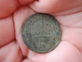 Found vintage Russian coin 1871 in hand closeup