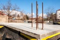 Foundation base of the new house building with reinforcement concrete and steel bars and hydro isolation close up of construction Royalty Free Stock Photo