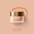 Foundation container mockup, cosmetic bottle package. Beige concealer strokes.Foundation beige liquid .Cosmetic make up. Royalty Free Stock Photo