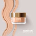 Foundation container mockup, cosmetic bottle package. Beige concealer strokes.Foundation beige liquid .Cosmetic make up.