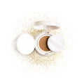 Foundation cushion powder with puff. Cosmetic face powder in the golden glitter circle isolated on white background Royalty Free Stock Photo