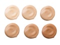 Foundation face makeup samples. Set of cosmetic liquid foundation or cream in different colour smudge smear strokes. Make up smear