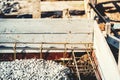 Foundation of house or building, details and reinforcements with steel bars and wire rod, preparing for cement pouring Royalty Free Stock Photo