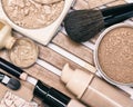 Foundation makeup products with professional brushes Royalty Free Stock Photo
