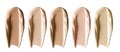 Foundation makeup swatch smear smudge set. Beige brown cosmetic cream concealer strokes isolated on white