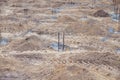 Foundation site of new building, details and reinforcements with steel bars and wire rod, preparing for cement pouring Royalty Free Stock Photo