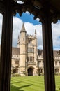 Founder`s Tower in the historic cloisters, also known as the Great Quad, at Magdalen College, University of Oxford UK Royalty Free Stock Photo