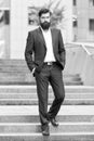 Founder successful business. Conquer business world. Bearded man going to work. Business man in modern city. Beginning Royalty Free Stock Photo