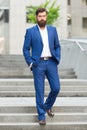 Founder successful business. Conquer business world. Bearded man going to work. Business man in modern city. Beginning Royalty Free Stock Photo