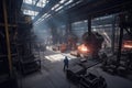 foundry with group of workers and machines, producing various metal parts