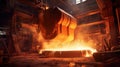 Foundry ladle pouring molten metal in steel industry factory