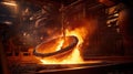 Foundry ladle pouring molten metal in steel industry factory