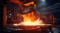 Foundry ladle pouring molten metal in steel industry factory