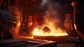 Foundry ladle pouring molten metal in steel industry factory