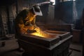 foundry worker, casting steel ingot into mold