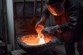 foundry worker, hand-melting metal into mold to create new part