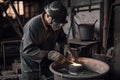 foundry worker, measuring and mixing materials for casting