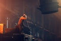 Foundry worker in metallurgy plant after iron cast, heavy industry