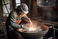 foundry worker, mixing ingredients for casting metal parts