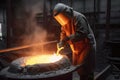 foundry worker, pouring molten metal into mold