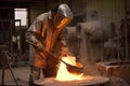 foundry worker, pouring molten metal into mold