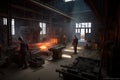 foundry, with workers busy crafting precision parts and tools