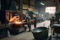 foundry workshop, with team of craftsmen and machinery producing precision metal parts