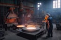 foundry workshop, with workers crafting complex metal parts for a new vehicle