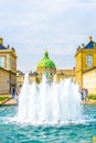 Fountain at the Amaliehaven park with Frederiks kirke church in Copenhagen, Denmark