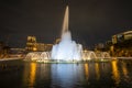 Fountain in Baku National Seaside Park in front of the parliament building by night, Azerbaijan
