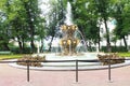 Fountain in the central alley in the park of summer gardens.