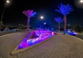 The fountain at the central entrance of the city at night.