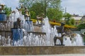 Fountain on central square of Kutaisi city in Georgia. Monuments of bronze animals. Tourists attraction