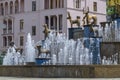 Fountain on central square of Kutaisi city in Georgia. Monuments of bronze animals. Tourists attraction