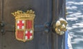 Fountain with city badge in Les Corts, Barcelona Royalty Free Stock Photo