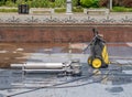 fountain cleaning machine. Empty fountain in the park for cleaning. Drained dancing fountain