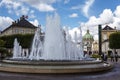 A fountain in the Copenhagen district of Frederiksstaden and the Frederik`s church, or Marble church in the back, Denmark Royalty Free Stock Photo