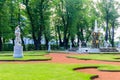 Fountain Crown and marble statues in old city park `Summer garden` in St. Petersburg, Russia Royalty Free Stock Photo