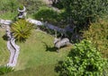 Fountain with dancing dolphins in the sculpture garden of the five star hotel, Chateau de la Chevre Dor in Eze, France