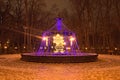 The fountain is decorated with illuminated garland in the Mariinsky Park Kyiv Ukraine. Winter morning